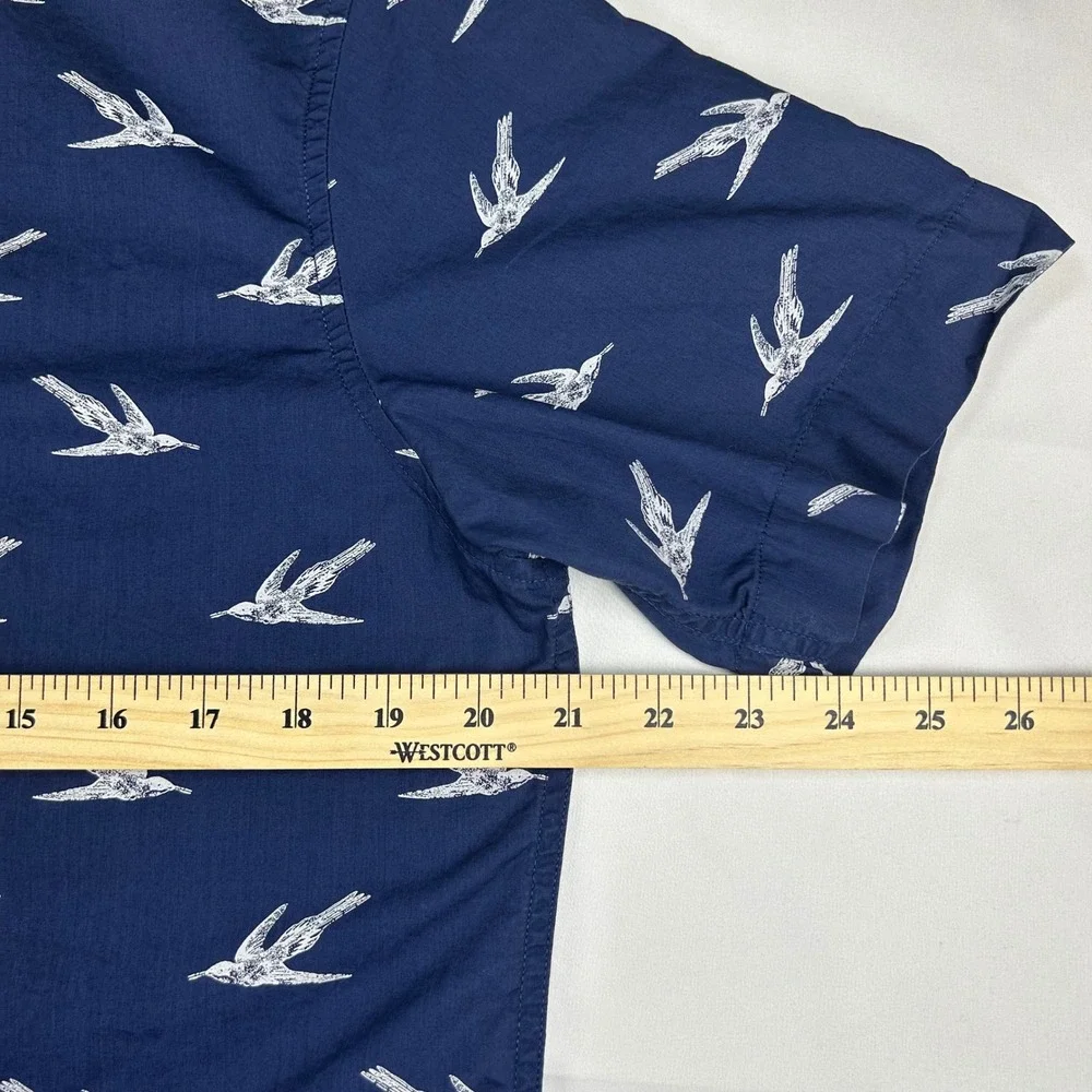 Banana Republic Luxe Poplin Mens Medium Slim Fit Navy Blue‎ Bird Print SS Shirt